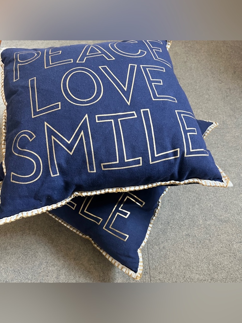 ☮️💛🙂 Accent Pillow Set Navy Blue Cotton w/ Metallic Gold PEACE LOVE SMILE 18x18